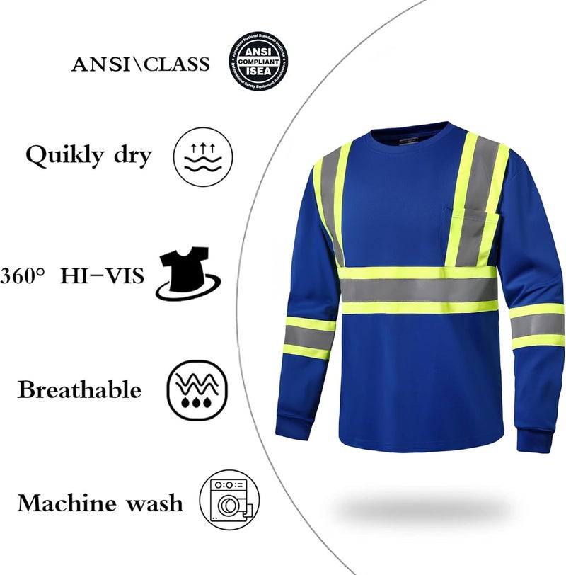 DPSAFETY Hi Vis Safety Long Sleeve Shirts，High Visibility Class 3 T Shirts with Reflective Strips and Pocket, Quick Dry Mesh Construction Work Shirt for Men/Women (Blue,2XL) - Image 2